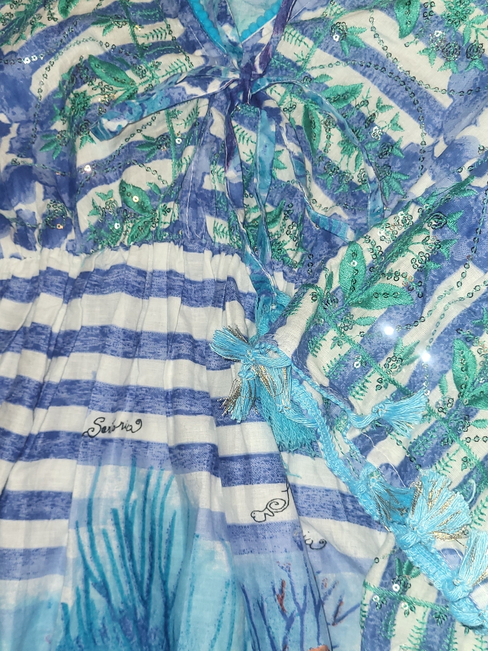 Boho V-Neck Tassel Mini Dress in Blue - Picture 2 of 3